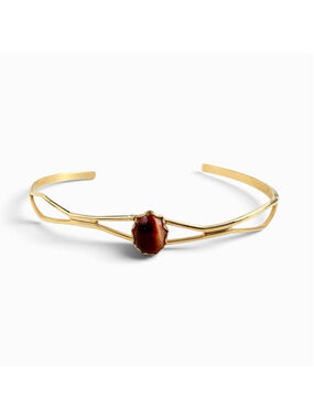 Gold Tone Agate Cuff Bracelet, Red Brown Agate Cabochon, Adjustable Open Bangle
